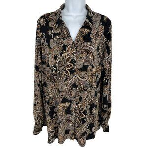 Susan Graver Black & Brown Paisley Button-Down Long Ruched Sleeve Blouse Size 2X